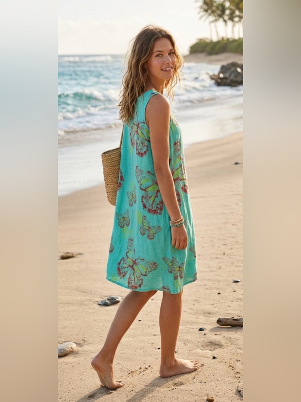 VASNAV GREEN Butterfly Print Mini Dress /SUMMER SZ:S /linen 100%/